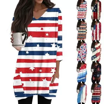 Женские топы с V-образным вырезом и рукавом 3/4, блузки, повседневные рубашки средней длины, модные туники с принтом «День независимости» и карманами M чёрный