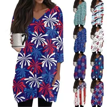 Женские топы с V-образным вырезом и рукавом 3/4 Блузки Повседневные рубашки средней длины Модные принты Туники Топы с карманами XL белый