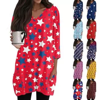 Женские топы с V-образным вырезом и рукавом 3/4 Блузки Повседневные рубашки средней длины Модные принты Туники Топы с карманами L кофейный