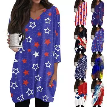 Женские топы с V-образным вырезом и рукавом 3/4 Блузки Повседневные рубашки средней длины Модные принты Туники Топы с карманами S