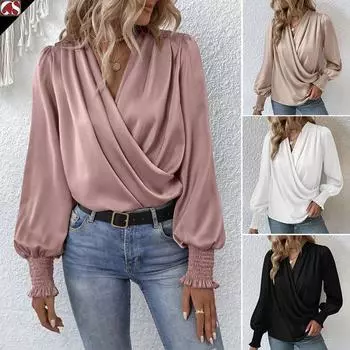 Женские топы с V-образным вырезом и длинными рукавами, с перекрестным вырезом, женская футболка, блузка S белый