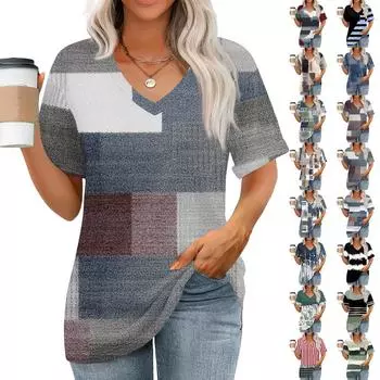 Женские топы с V-образным вырезом и коротким рукавом Блузки Повседневные модные принты Туники Топы с карманами XL синий