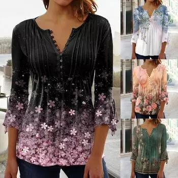 Женские топы с v-образным вырезом и цветочным принтом, женские летние повседневные блузки, футболки больших размеров S зелёный