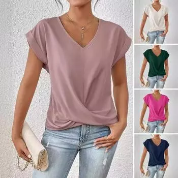 Женские топы с V-образным вырезом, коротким рукавом, с рисунком морщин, однотонные свободные топы с перекрестными складками, повседневная одежда S