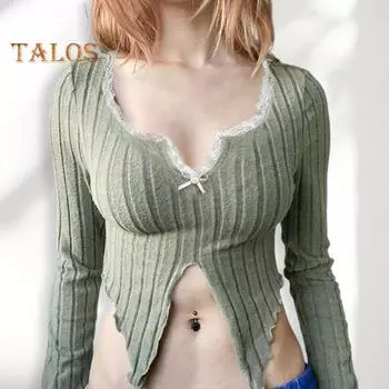 Женские топы с V-образным вырезом, кружевной строчкой, длинным рукавом, неровным подолом, однотонные облегающие укороченные топы в рубчик S зелёный