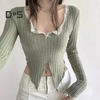Женские топы с V-образным вырезом, кружевной строчкой, длинным рукавом, неровным подолом, однотонные облегающие укороченные топы в рубчик S зелёный