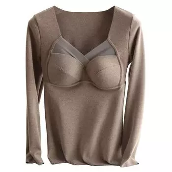 Женские топы с V-образным вырезом, на груди, с подкладкой, с длинным рукавом, термотопы, эластичный бархат DE XL кофейный