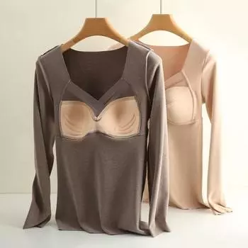 Женские топы с V-образным вырезом, на груди, с подкладкой, с длинным рукавом, термотопы, эластичная футболка из бархатной ткани DE XL кофейный