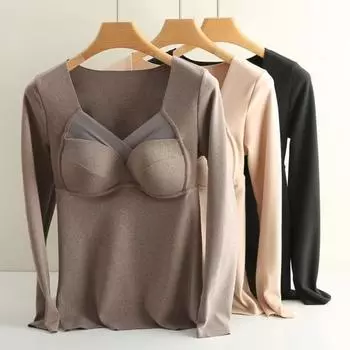 Женские топы с V-образным вырезом, на груди, с подкладкой, с длинным рукавом, термотопы, эластичная футболка из бархатной ткани DE XL кофейный
