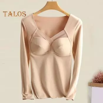 Женские топы с V-образным вырезом, на груди, с подкладкой, с длинным рукавом, термотопы, эластичная футболка из бархатной ткани DE XL кофейный