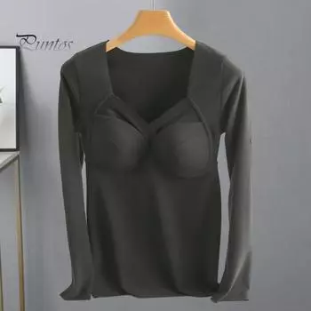 Женские топы с V-образным вырезом, на груди, с подкладкой, с длинным рукавом, термотопы, эластичная футболка из бархатной ткани DE XL чёрный