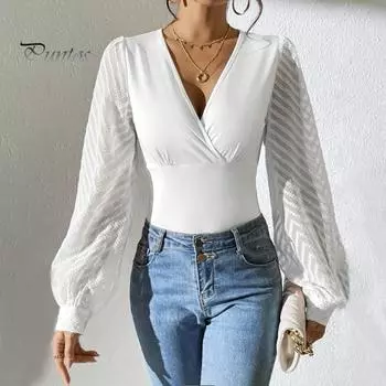 Женские топы с V-образным вырезом, прозрачные, с длинными рукавами, однотонные, облегающие, с пуловером, топы на каждый день S белый