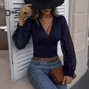 Женские топы с V-образным вырезом, прозрачные, с длинными рукавами, однотонные, облегающие, с пуловером, топы на каждый день XXL белый