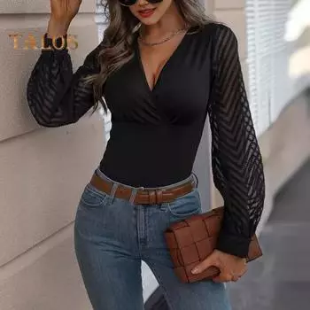 Женские топы с V-образным вырезом, прозрачные, с длинными рукавами, однотонные, облегающие, с пуловером, топы на каждый день L чёрный