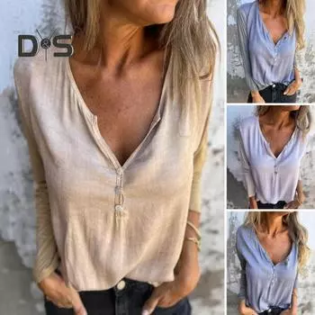 Женские топы с V-образным вырезом, пуговицами, полузастежкой, длинным рукавом, свободная футболка, однотонная эластичная повседневная блузка, повседневная одежда XL светло-синий