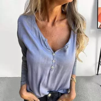 Женские топы с V-образным вырезом, пуговицами, полузастежкой, длинным рукавом, свободный крой, футболка, однотонная, эластичная, повседневная XXL светло-серый
