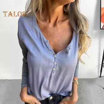 Женские топы с V-образным вырезом, пуговицами, полузастежкой, длинным рукавом, свободная футболка, однотонная эластичная повседневная блузка, повседневная одежда M светло-синий