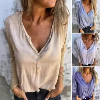Женские топы с V-образным вырезом, пуговицами, полузастежкой, длинным рукавом, свободная футболка, однотонная эластичная повседневная блузка, повседневная одежда XXL светло-синий