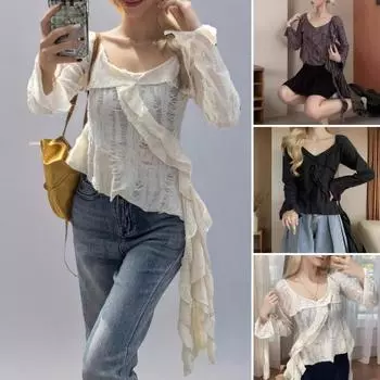 Женские топы с V-образным вырезом, расклешенные, с длинным рукавом, облегающая футболка, однотонный цвет L серый