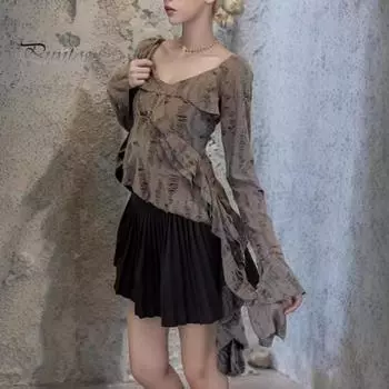 Женские топы с V-образным вырезом, расклешенные, с длинным рукавом, облегающие футболки, однотонные топы с оборками и неровным подолом, дизайн футболки S чёрный