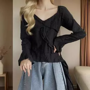 Женские топы с V-образным вырезом, расклешенные, с длинным рукавом, облегающие футболки, однотонные топы с оборками и неровным подолом, дизайн футболки M серый