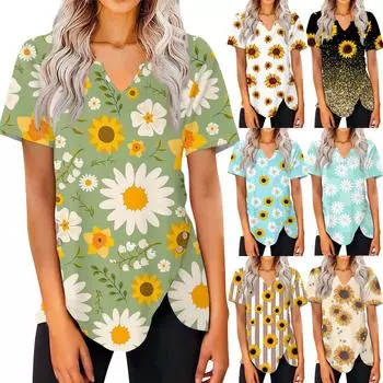 Женские топы с v-образным вырезом, рубашки с короткими рукавами и пуговицами, туники с принтом, женская модная летняя одежда L