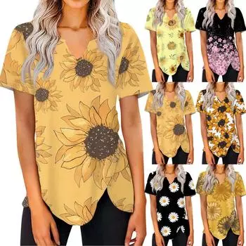 Женские топы с v-образным вырезом, рубашки с короткими рукавами и пуговицами, туники с принтом, женская модная летняя одежда L чёрный