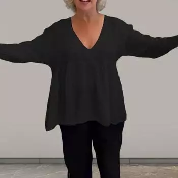 Женские топы с V-образным вырезом, рукавом 3/4, плиссированные пуловеры, свободный крой, однотонная футболка, повседневная одежда M чёрный