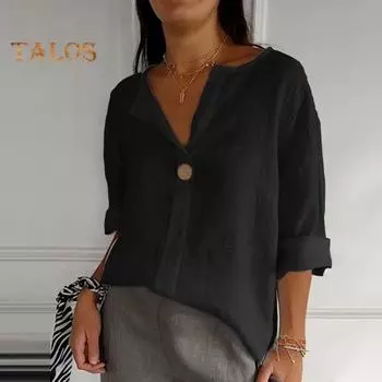 Женские топы с V-образным вырезом, застегивающиеся на пуговицы, с рукавом четверть длины, однотонные свободные топы-рубашки для работы и путешествий, повседневная одежда S красный