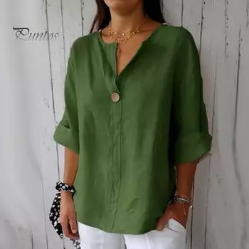 Женские топы с V-образным вырезом, застегивающиеся на пуговицы, с рукавом четверть длины, однотонные свободные топы-рубашки для работы и путешествий, повседневная одежда S абрикосовый