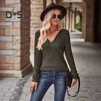 Женские топы с V-образным вырезом, застежкой-молнией и полузастежкой, с длинным рукавом, однотонные облегающие трикотажные топы в рубчик S чёрный