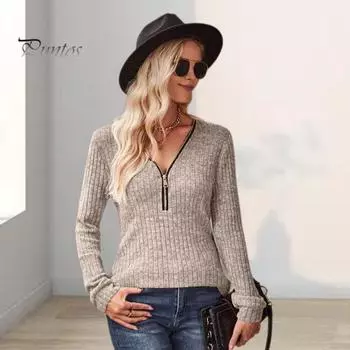 Женские топы с V-образным вырезом, застежкой-молнией и полузастежкой, с длинным рукавом, однотонные облегающие трикотажные топы в рубчик S небесно-голубой