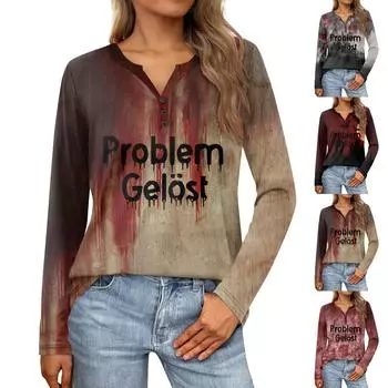 Женские топы с воротником на пуговицах, женские повседневные топы на каждый день, с длинным рукавом, с v-образным вырезом, модные рубашки с принтом, топы, футболки с карманами M