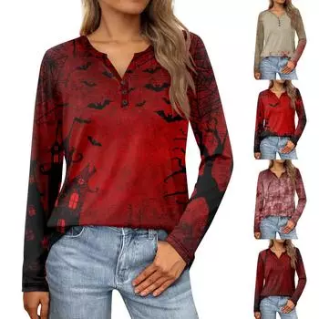 Женские топы с воротником на пуговицах, женские повседневные топы на каждый день, с длинным рукавом, с v-образным вырезом, модные рубашки с принтом, топы, футболки с карманами XXL