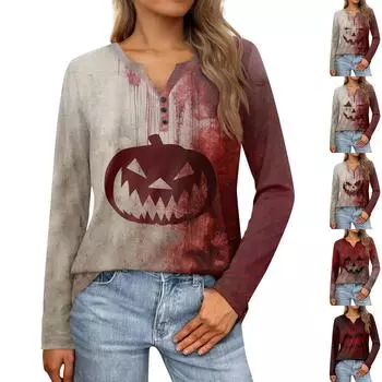 Женские топы с воротником на пуговицах, женские повседневные топы на каждый день, с длинным рукавом, с v-образным вырезом, модные рубашки с принтом, топы, футболки с карманами XXL