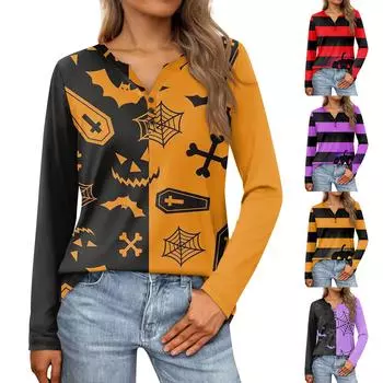 Женские топы с воротником на пуговицах, женские повседневные топы на каждый день, с длинным рукавом, с v-образным вырезом, модные рубашки с принтом, топы, футболки с карманами XXXL