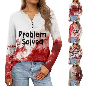 Женские топы с воротником на пуговицах, женские повседневные топы на каждый день, с длинным рукавом, с v-образным вырезом, модные рубашки с принтом, топы, футболки с карманами XL винный