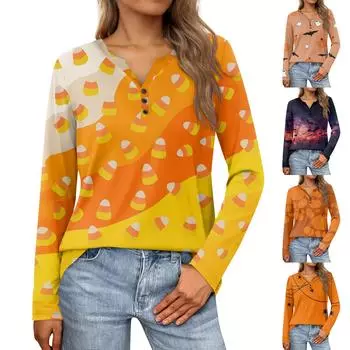 Женские топы с воротником на пуговицах, женские повседневные топы на каждый день, с длинным рукавом, с v-образным вырезом, модные рубашки с принтом, топы, футболки с карманами M