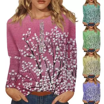 Женские топы с воротником на пуговицах Женские блузки Женские повседневные топы с длинным рукавом и V-образным вырезом Модные рубашки с принтом Топы Футболки Пуловеры Топы S фиолетовый