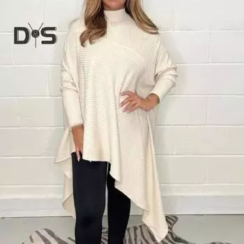 Женские топы с высоким воротником, длинным рукавом, однотонные, с неровным подолом, свободные, ребристые, футболки, повседневная одежда XXXL хаки