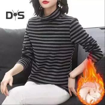 Женские топы с высоким воротником и длинным рукавом, с утолщенной бархатной подкладкой, с пуловером, с полосатым принтом, футболки 3XL чёрный