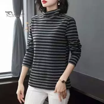 Женские топы с высоким воротником и длинным рукавом, с утолщенной бархатной подкладкой, с пуловером, с полосатым принтом, футболки 3XL хаки