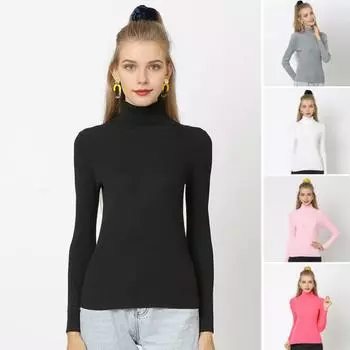 Женские топы с высоким воротником и длинным рукавом, облегающие, эластичные, трикотажные, однотонные, пуловеры, повседневная одежда S белый