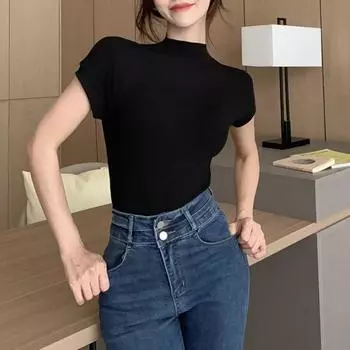 Женские топы с высоким воротником и короткими рукавами, облегающие футболки, однотонные мягкие эластичные пуловеры, повседневная одежда M коричневый