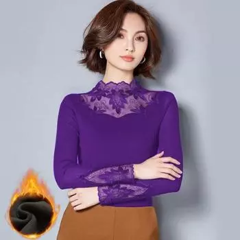 Женские топы с высоким воротником и вышитым узором в виде листьев, топы с длинными рукавами, блузка в пригородном стиле M фиолетовый