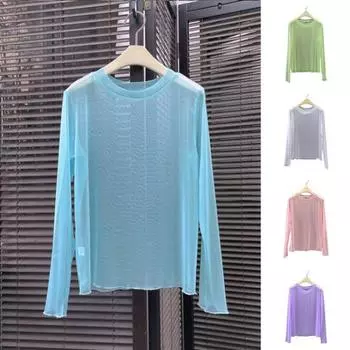 Женские топы с защитой от ультрафиолета, с круглым вырезом, длинным рукавом, свободный крой, быстросохнущая пляжная одежда, прозрачная тонкая блузка синий/мятный
