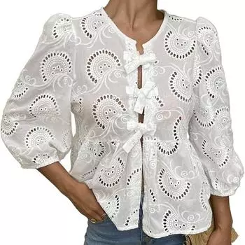 Женские топы с завязками спереди, кружевные кокетки длиной 3/4, топы с пышными рукавами и баской, Babydoll Y2K, милые топы на выход S белый