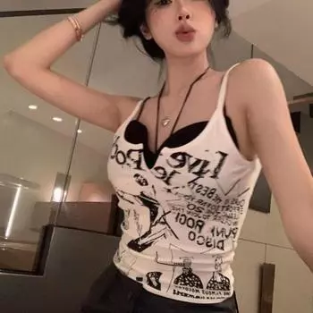 Женские топы-слинги, черно-белые футболки, внутренние топы без рукавов для девочек, топы Y2K, спортивный жилет S