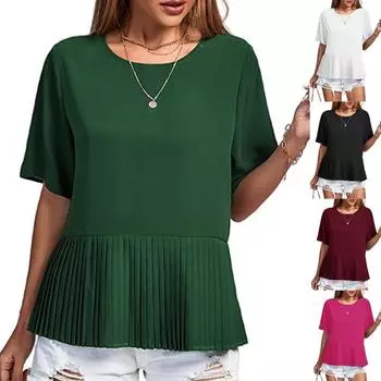 Женские топы со складками и круглым вырезом, свободные плиссированные рубашки с короткими рукавами, летние блузки с рюшами XS белый