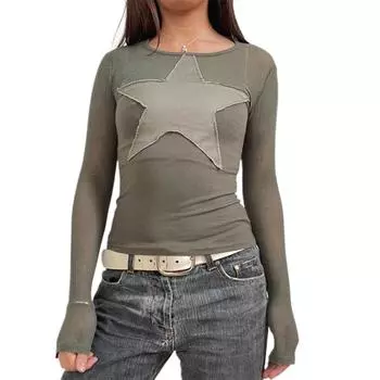 Женские топы со звездными нашивками, облегающие футболки с круглым вырезом и длинными рукавами, повседневная уличная одежда на осень S армия зеленый